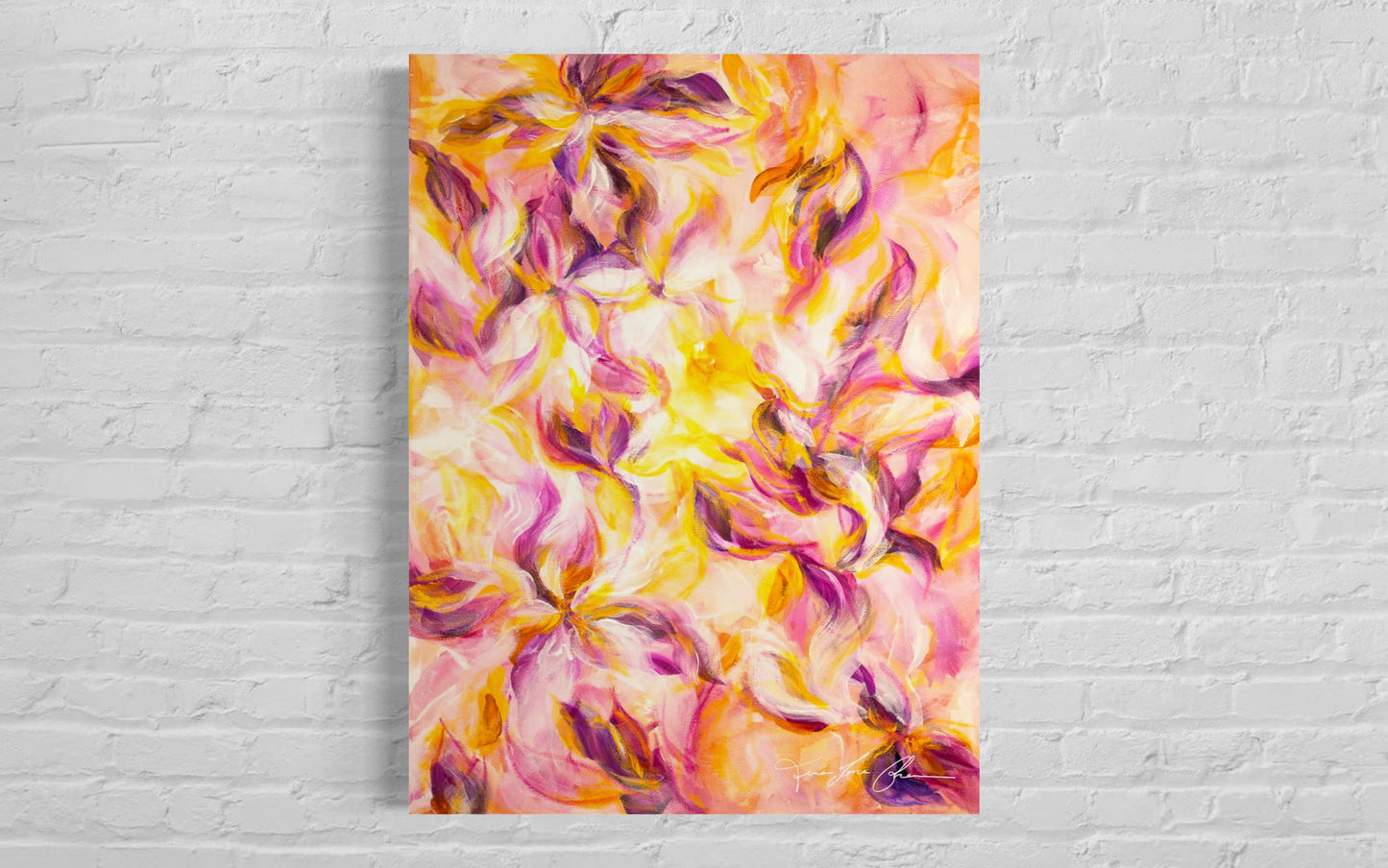 mockup abstract painting on a wall flower motives pink and yellow