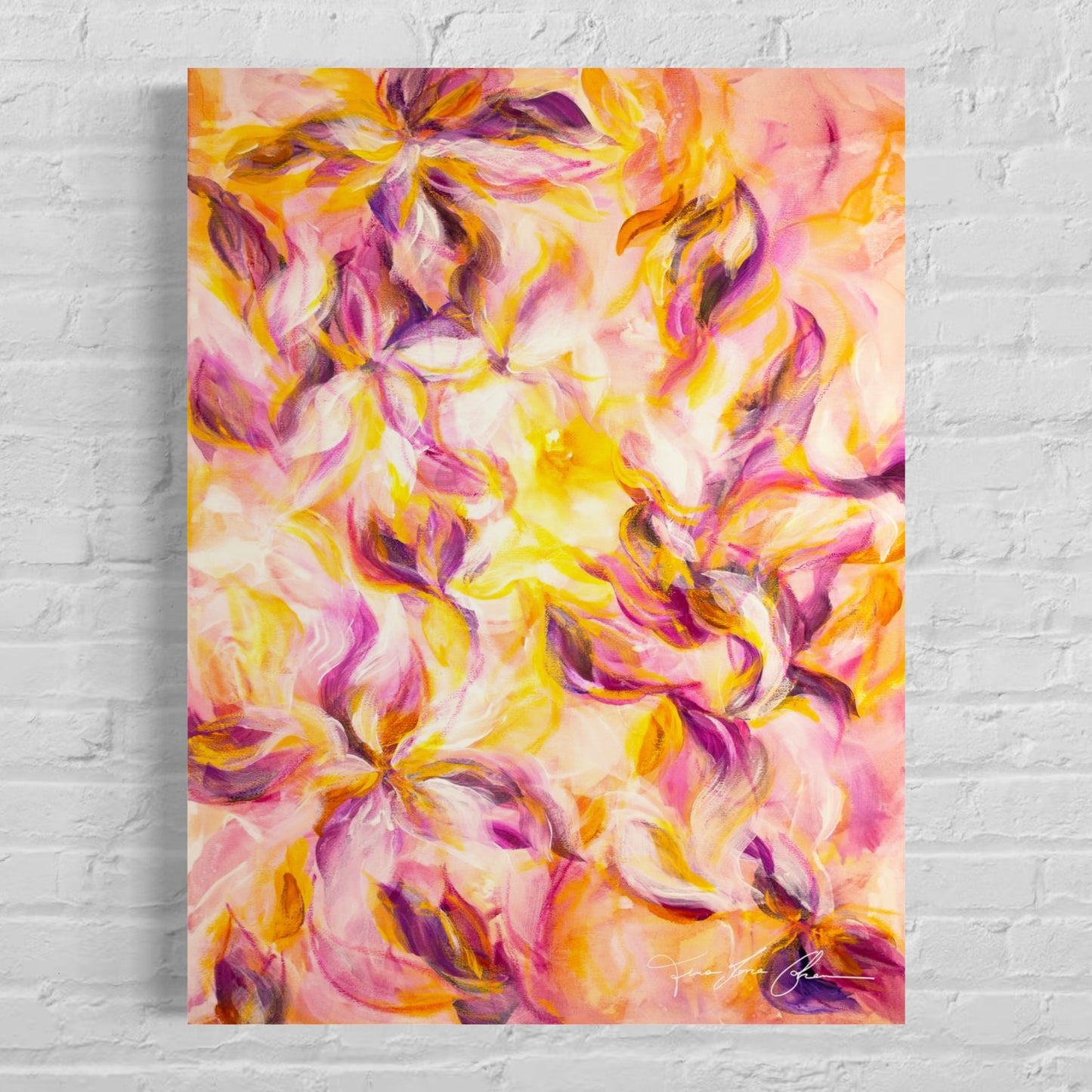 mockup abstract painting on a wall flower motives pink and yellow