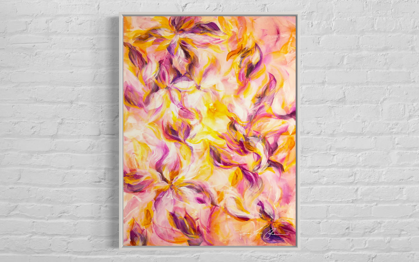 mockup abstract painting on a wall flower motives pink and yellow white frame