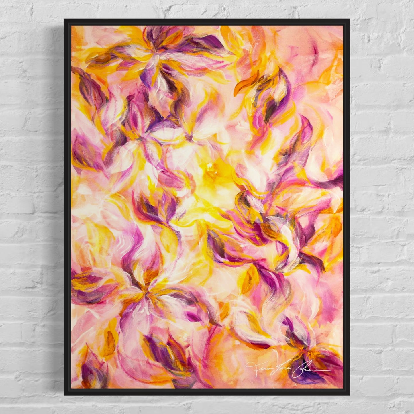 mockup abstract painting on a wall flower motives pink and yellow black frame