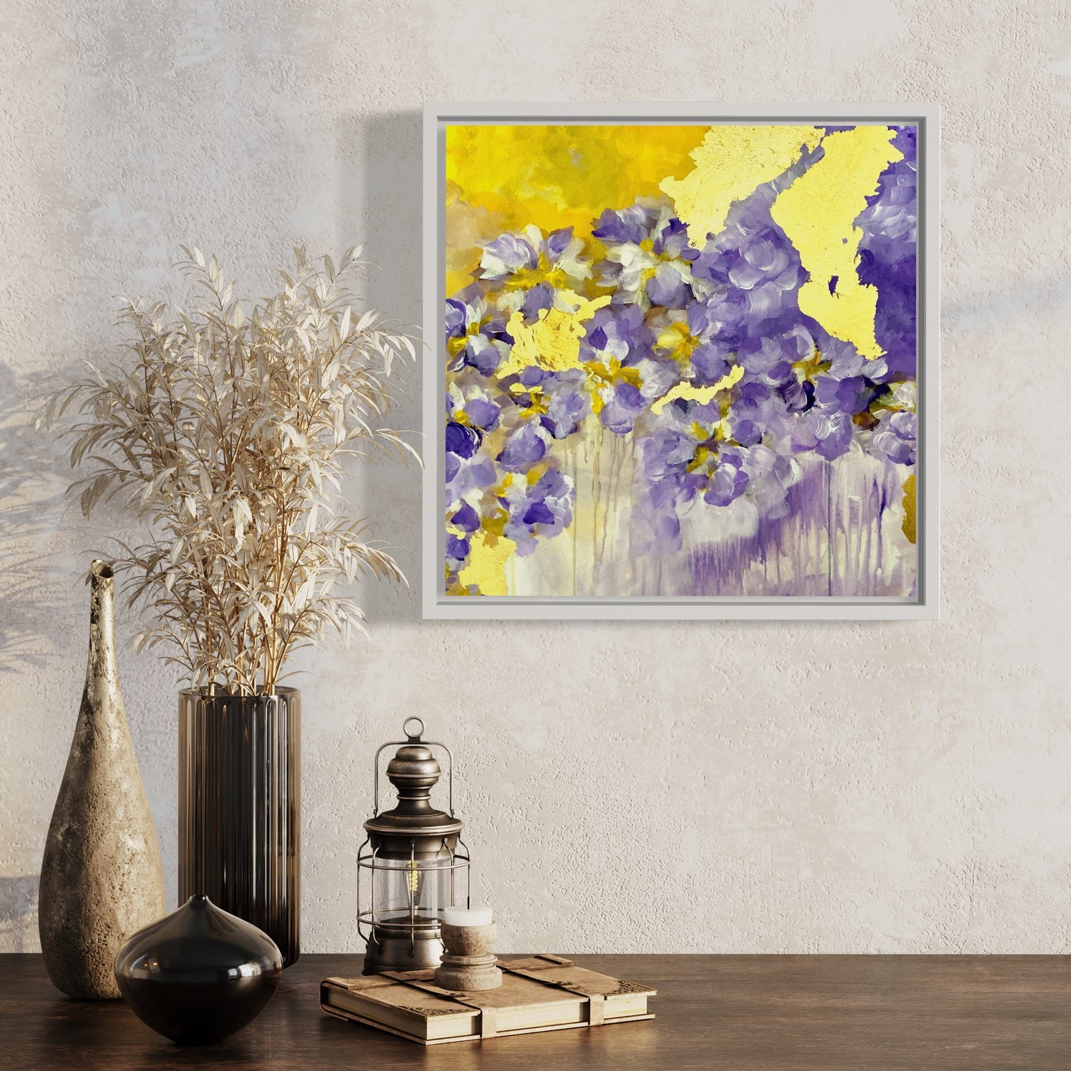 abstract art flower motives painting on wall with white frame