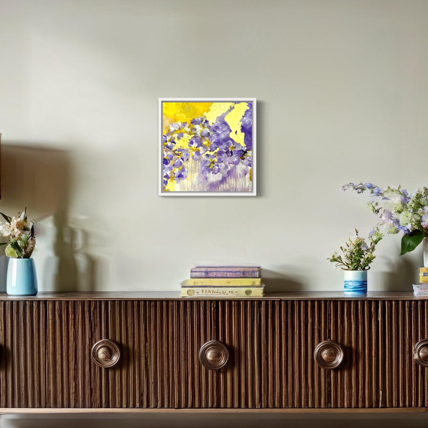 mock up of an abstract art with flower motives with purple coulors and gold on a wall