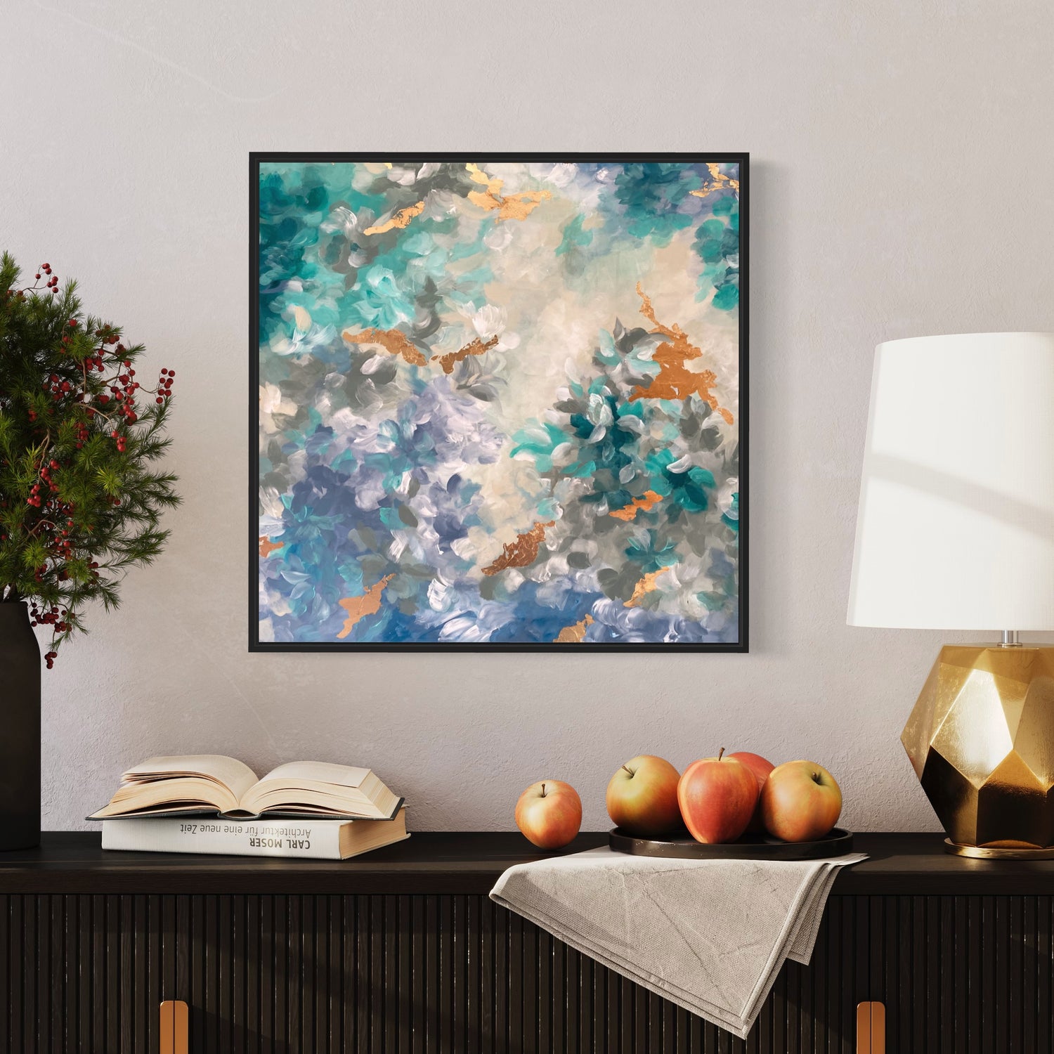 abstract art flower motives painting on wall with blue and green and gold leaves