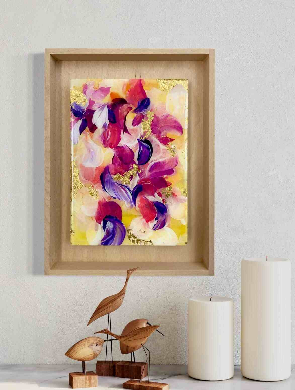 abstract art painting blue coulors on a wall with wood frame